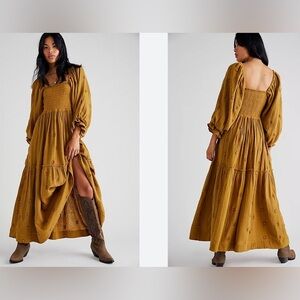 FREE PEOPLE SMOCKED EMBROIDERED GAUZY MAXI DRESS PUFF SLEEVES OLIVE MEDIUM NWT
